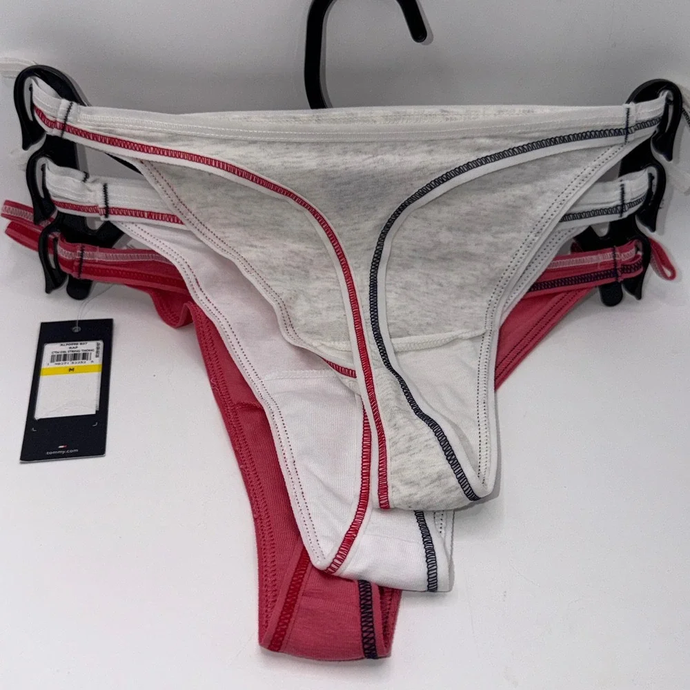 Tommy Hilfiger (M) 3 Pack Cotton String Thong Red White Grey Preppy Sporty New